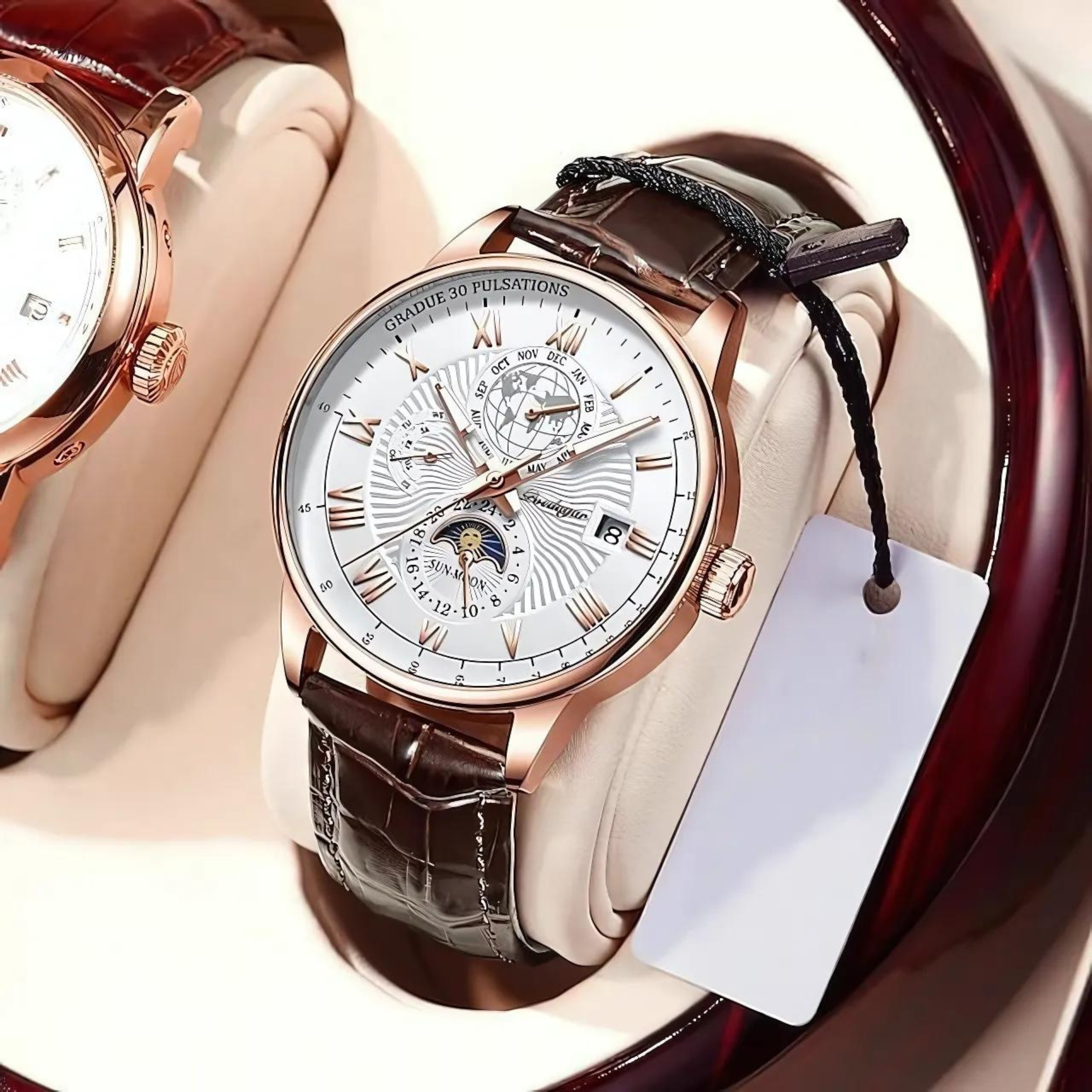 POEDAGAR Quartz White Dial Leather Strap Watch